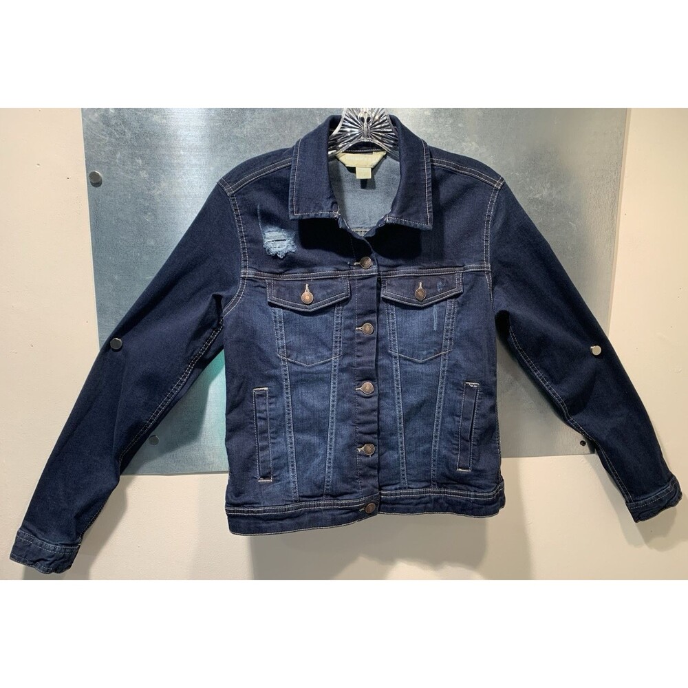 Roebucks Stretch Denim Jacket Womens S Blue (Sears) Trucker Distressed VINTAGE